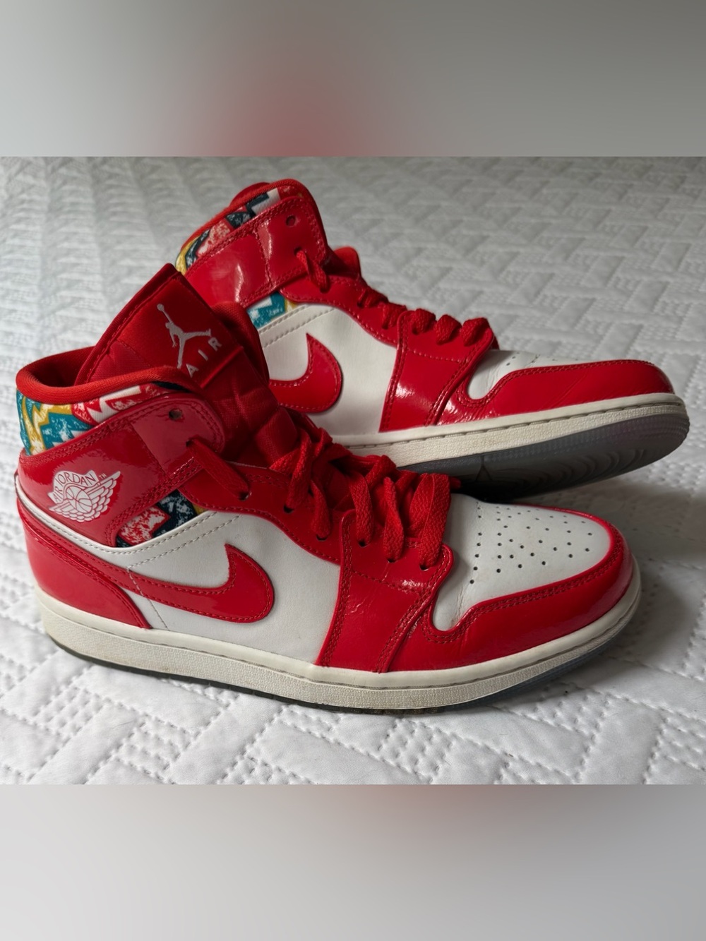 Nike Jordan 1 High-Top Sneakers Red White Patterned Collar DC7294-60 Men Sz 8